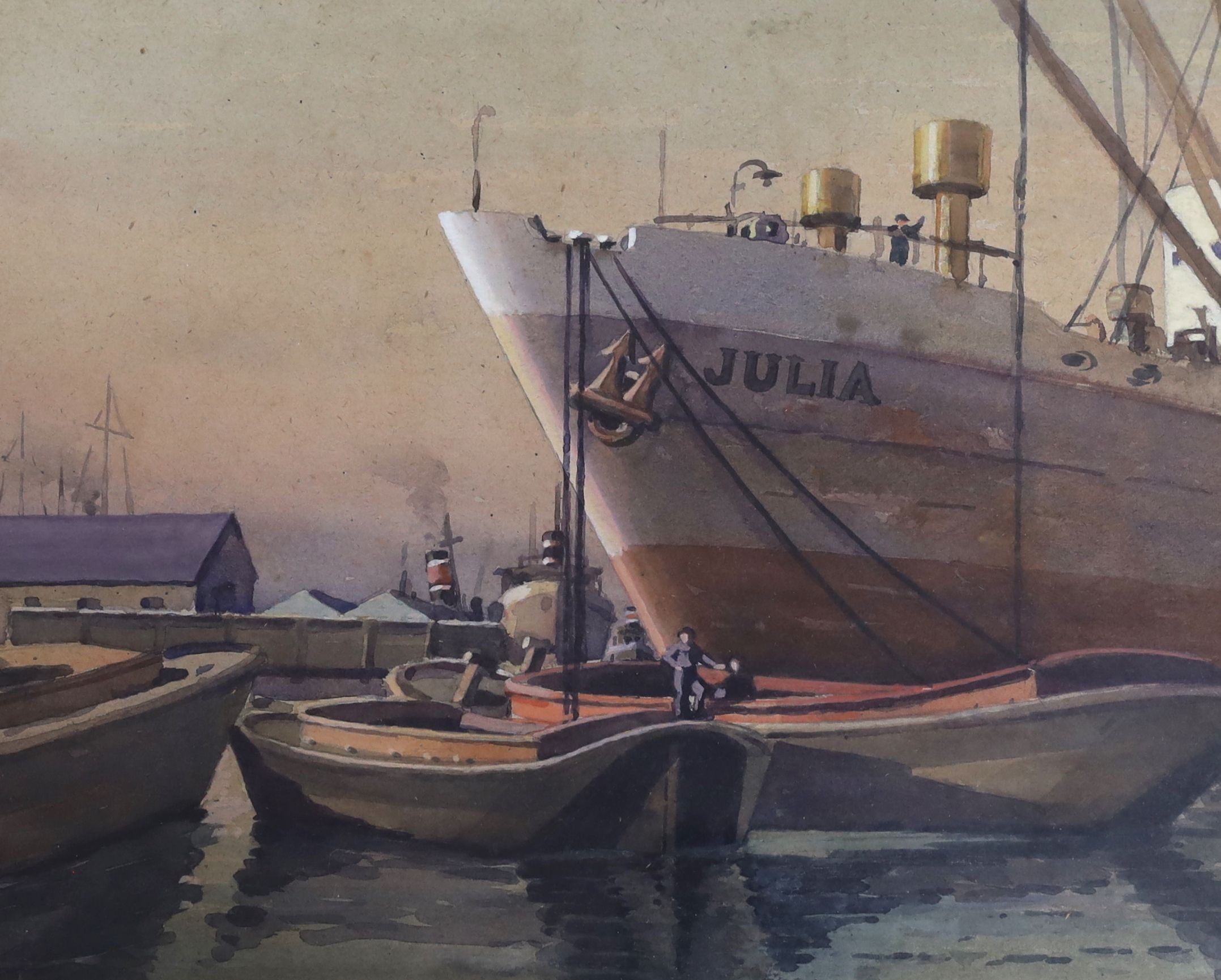 James Charles Middleton (b.1894), watercolour, 'Julia, Surrey Docks', exhibition label verso, 28 x 36cm.